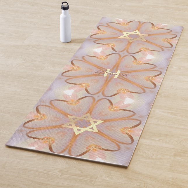 Gold Jewish Star of David, Pretty Glowing Hearts Yoga Mat (In Situ)