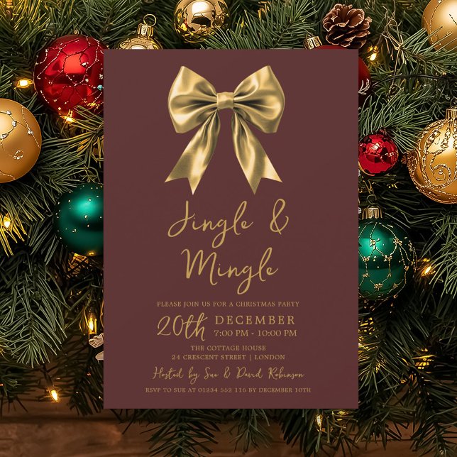 Gold Jingle & Mingle Christmas Party Bow Burgundy  Invitation (Gold Jingle & Mingle Christmas Party Bow Burgundy Invitation)