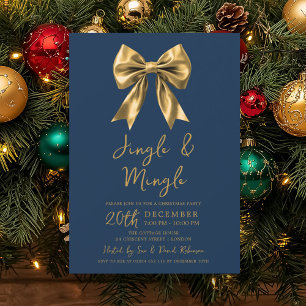 Gold Jingle & Mingle Christmas Party Bow Navy Blue Invitation