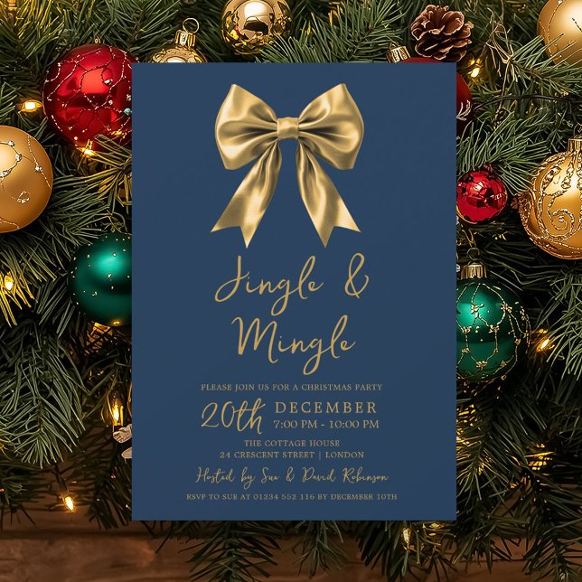 Gold Jingle & Mingle Christmas Party Bow Navy Blue Invitation (Gold Jingle & Mingle Christmas Party Bow Navy Blue Invitation)
