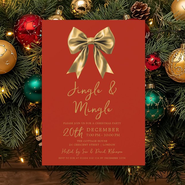 Gold Jingle & Mingle Christmas Party Bow Red  Invitation (Creator Uploaded)