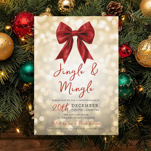 Gold Jingle Mingle Christmas Party Red Bow Lights Invitation