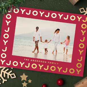 Gold JOY Christmas Photo RED Magenta Frame Foil Holiday Card