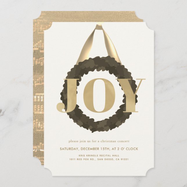 Gold JOY Green Wreath Christmas Concert Recital Invitation (Front/Back)