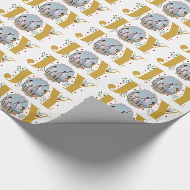 Gold JOY Merry Christmas holiday photo Wrapping Paper (Corner)