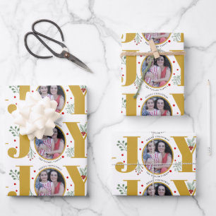 Gold Joy with berries Christmas holiday photo Wrapping Paper Sheet