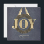Gold JOY Wreath Chalkboard Christmas Holiday<br><div class="desc">This elegant and chic "JOY" square christmas holiday greeting card features a word "JOY" in faux gold foil on a black chalkboard background with foliage / greenery wreath with gold satin ribbon. The reverse side features a faux gold background. Personalize it for your needs. You can find matching products at...</div>