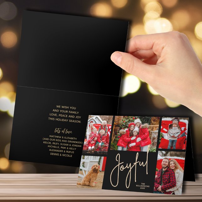 Gold JOYFUL 5 Photo Folded Black Christmas Holiday Card (Creator Uploaded)