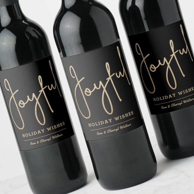 Gold JOYFUL Holiday Wishes on Black Wine Label (Creator Uploaded)