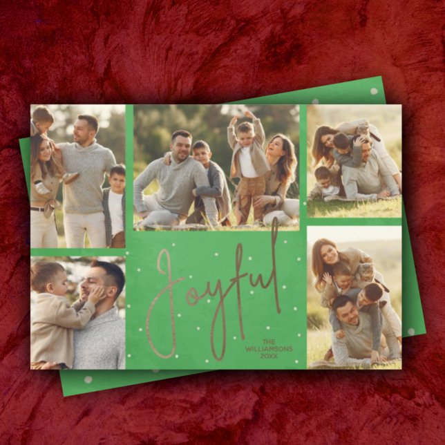 Gold JOYFUL Multi Photo Christmas Green Holiday Card (Creator Uploaded)