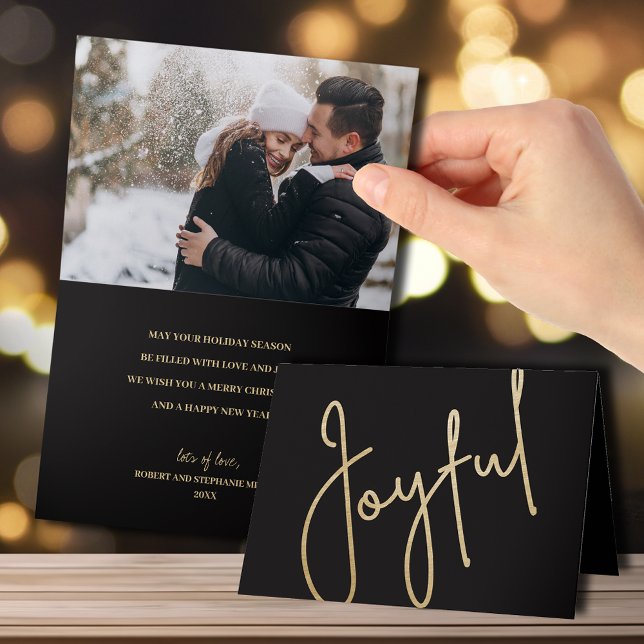 Gold Joyful on Black Folded Christmas Photo Card (Creator Uploaded)