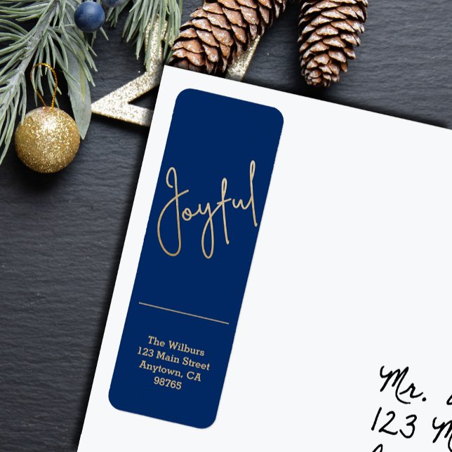 Gold JOYFUL on Blue Christmas Return Address Label (Gold script JOYFUL on blue Christmas holiday vertical skinny return address labels
)