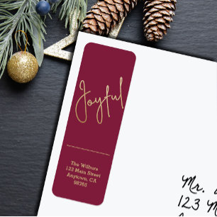 Gold JOYFUL on Cranberry Christmas Return Address Label