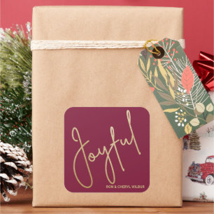 Gold JOYFUL on Cranberry Christmas Square Sticker