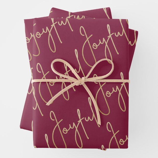 Gold JOYFUL on Cranberry Wrapping Paper Sheet (In situ)