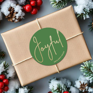 Gold JOYFUL on Green Christmas Classic Round Sticker