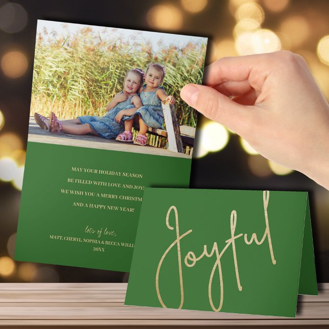 Gold Joyful on Green Folded Photo Christmas Card (Creator Uploaded)