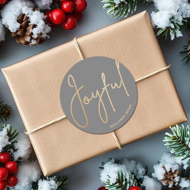 Gold JOYFUL on Grey Christmas Classic Round Sticker (JOYFUL in gold script on gray  Christmas 3" Round Stickers)