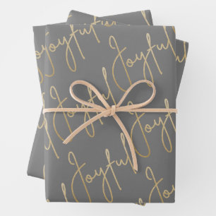 Gold JOYFUL on Grey Christmas Wrapping Paper Sheet