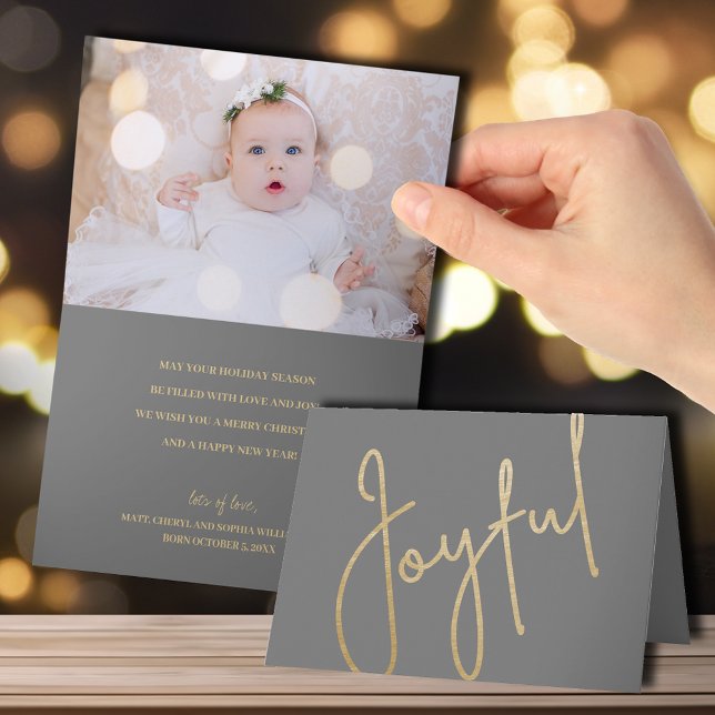 Gold Joyful on Grey Folded Photo Christmas Card (Creator Uploaded)
