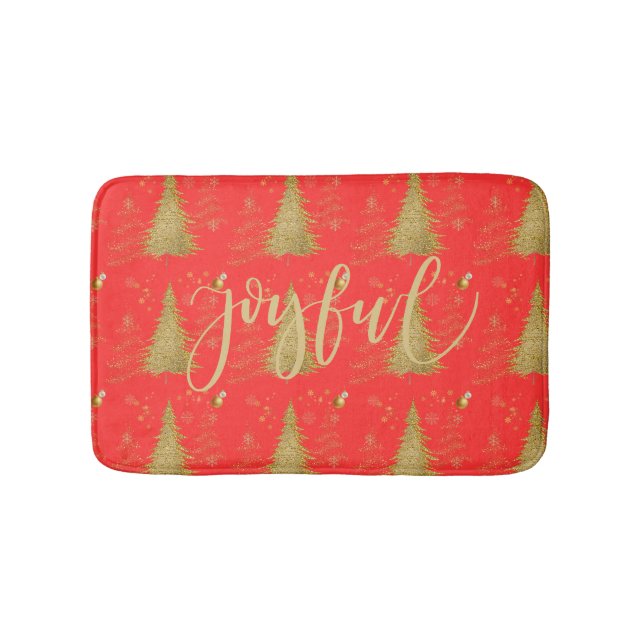 Gold JOYFUL on Red ChristmasHoliday Party  Bath Mat (Front)
