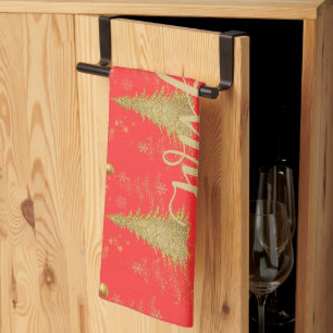 Gold JOYFUL on Red ChristmasHoliday Party Tea Towel