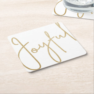 Gold JOYFUL on White Christmas Square Paper Coaster