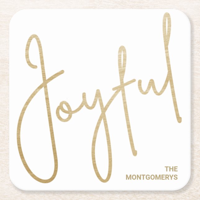 Gold JOYFUL on White Christmas Square Paper Coaster (Front)
