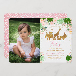 Gold Jungle Animal & Floral Photo Birthday Invite
