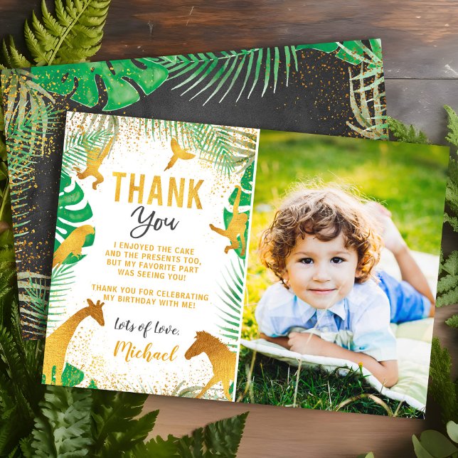 Gold Jungle Animals Photo Birthday Thank You Card (Creator Uploaded)