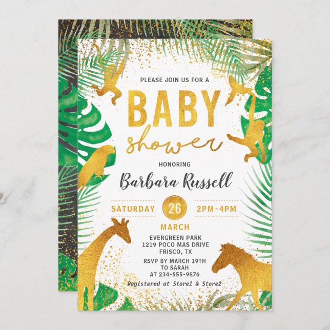 Gold Jungle Animals Safari Boy Baby Shower Invitation (Front/Back)