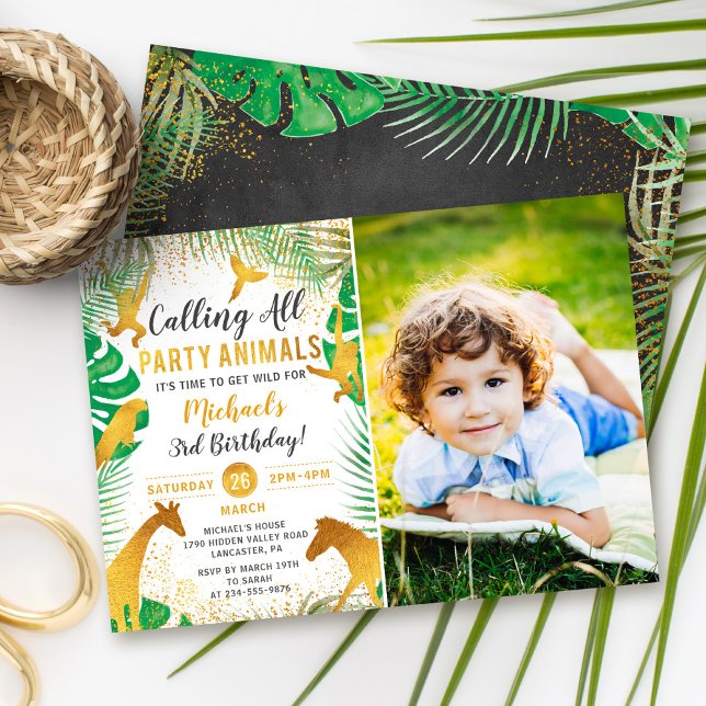 Gold Jungle Animals Safari Boys Photo Birthday Invitation (Creator Uploaded)