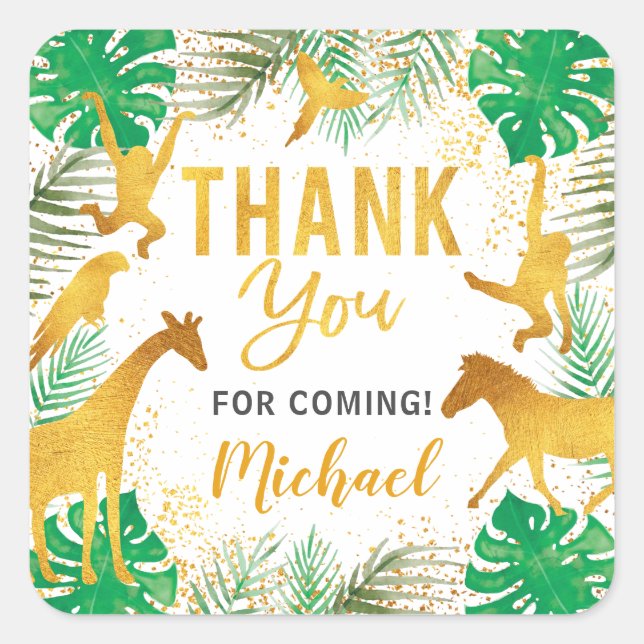 Gold Jungle Animals Safari Party Thank You Square Sticker (Front)
