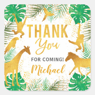 Gold Jungle Animals Safari Party Thank You Square Sticker