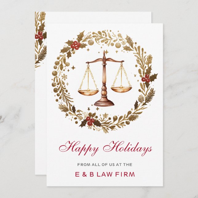 Gold Justice Scale Holly Wreath Law Firm Christmas Holiday Card (Front/Back)