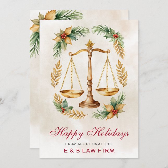 Gold Justice Scale Holly Wreath Law Firm Christmas Holiday Card (Front/Back)