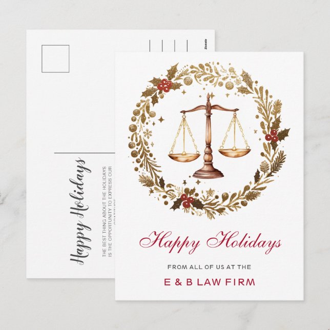 Gold Justice Scale Holly Wreath Lawyer Christmas Holiday Postcard (Front/Back)