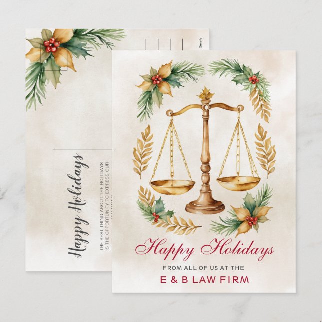 Gold Justice Scale Holly Wreath Lawyer Christmas Holiday Postcard (Front/Back)