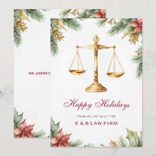 Gold Justice Scale Pine Holly Law Firm Christmas Holiday Card