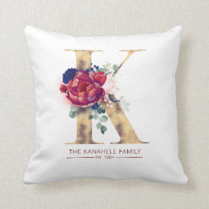 Gold K Monogram Floral Burgundy Red and Navy Blue Cushion