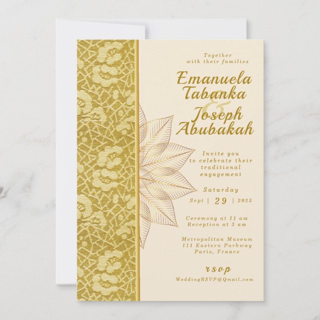 Gold Kente Wedding Invitation with Flower Details  (Front)