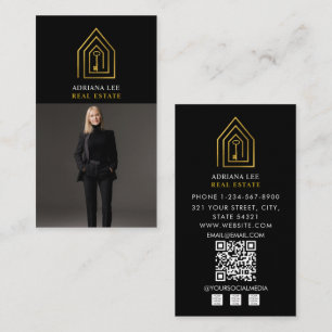 Gold Key Photo Real Estate Agent QR Code Black Business Card