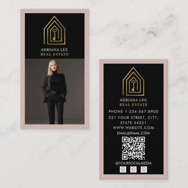Gold Key Photo Real Estate Agent QR Code Pink Business Card (Front/Back)