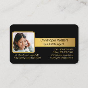 Gold Key Real Estate Agent Add Photo black Business Card
