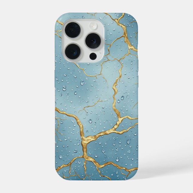 Gold Kintsugi Cracks on Blue Water Droplets iPhone Case (Back)