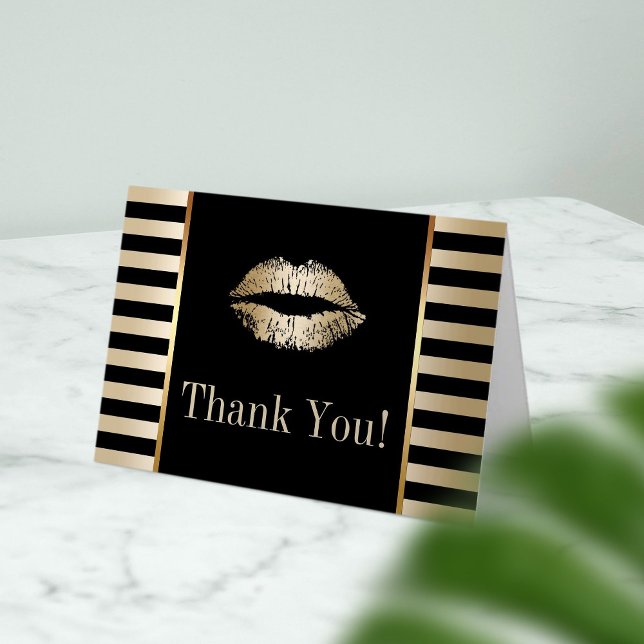 Gold Kiss Modern Black & Gold Stripes Thank You Card (Creator Uploaded)