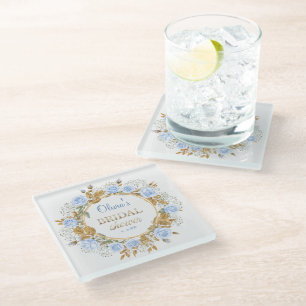 Gold-Kissed Blue Rose Bridal Glass Coaster