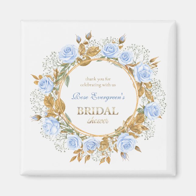 Gold-Kissed Blue Rose Bridal Shower Thank you Magnet (Front)