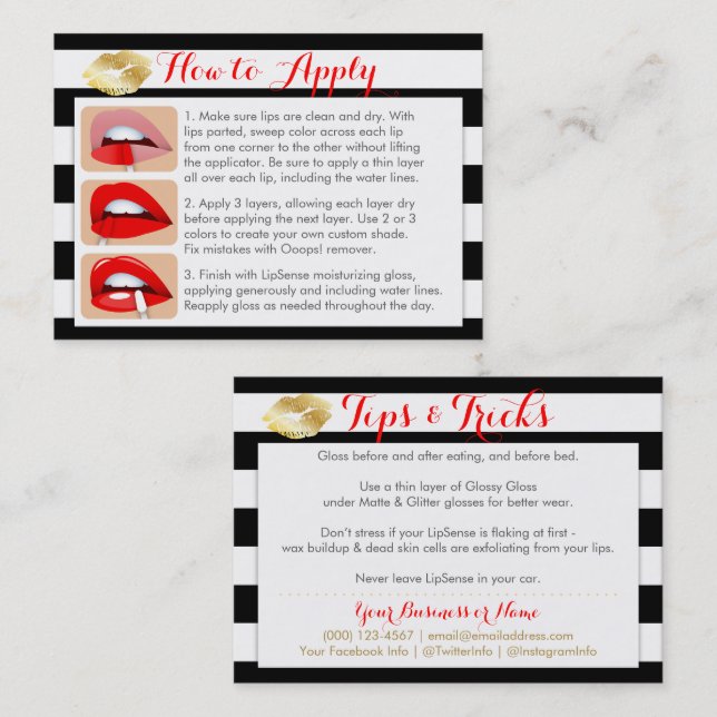 Gold Kisses on Black and White - Apply & Tips Card (Front/Back)