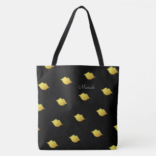 gold kisses with your name on black tote bag